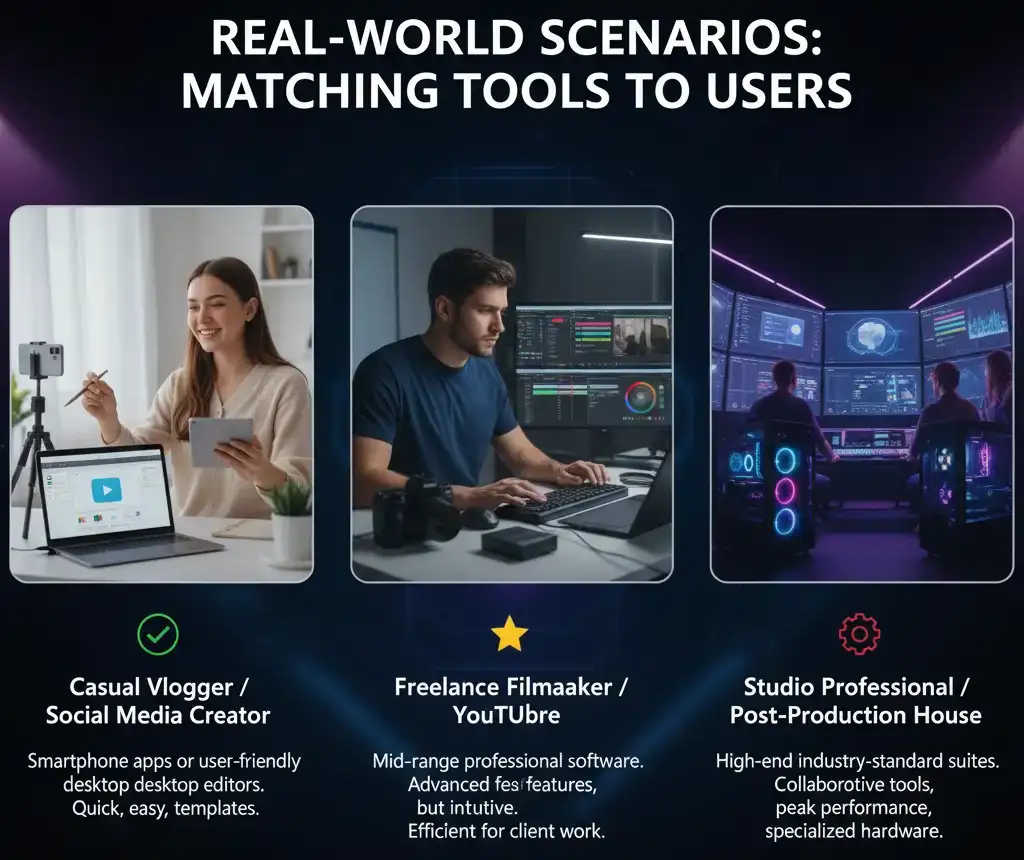 Real-world scenarios showing how editors match tools to their needs.