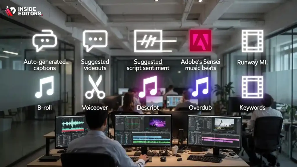 A futuristic holographic interface displaying icons for AI, vertical video, and AR, representing the 2025 trends reshaping video editing.