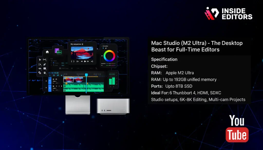 A professional YouTube editor using the Mac Studio M2 Ultra, the best Mac for YouTube video editing in a full-time studio setup.