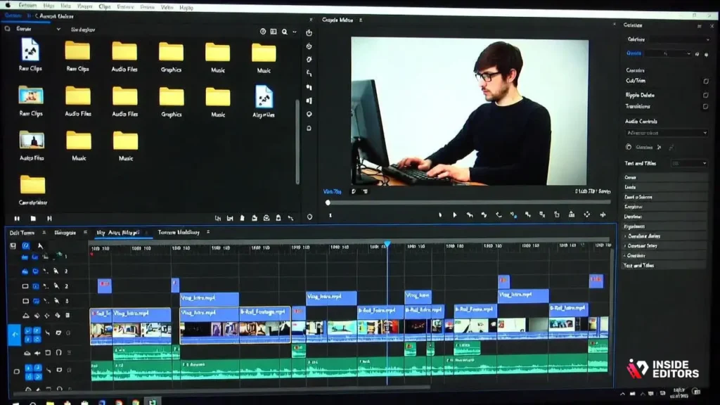 Organized video editing workflow on a desktop with multiple monitors.