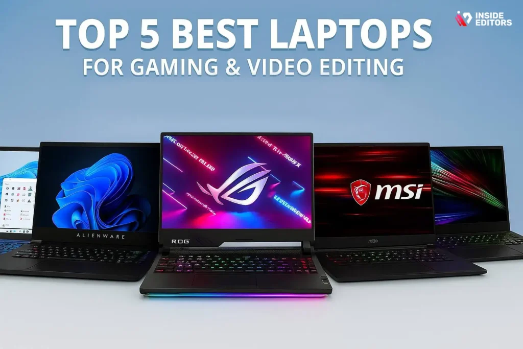 A lineup of top gaming video editing laptops displayed on a desk.