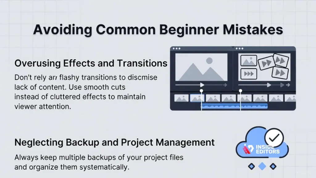 Video editor reviewing errors in a timeline to avoid common beginner mistakes.