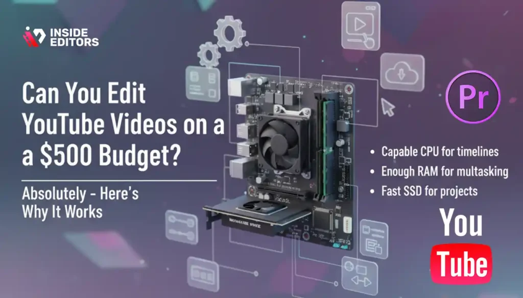 A creator working on a $500 computer for YouTube video editing in a simple editing workspace.