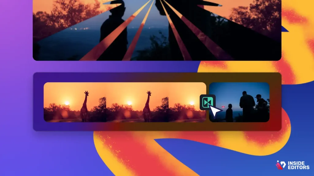 Editor adding transitions, effects, and layered clips in software.