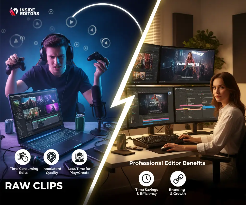 Professional editor working alongside a gaming video editing laptop.