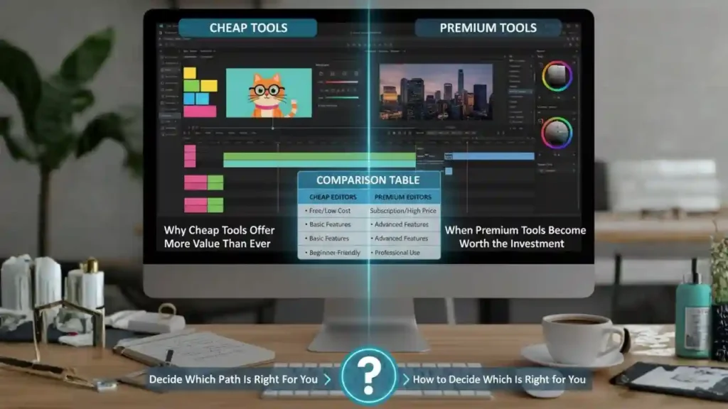 A table comparing cheap video editing software to premium tools.