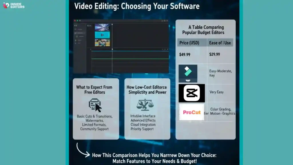 A table displaying features of cheap video editing software.
