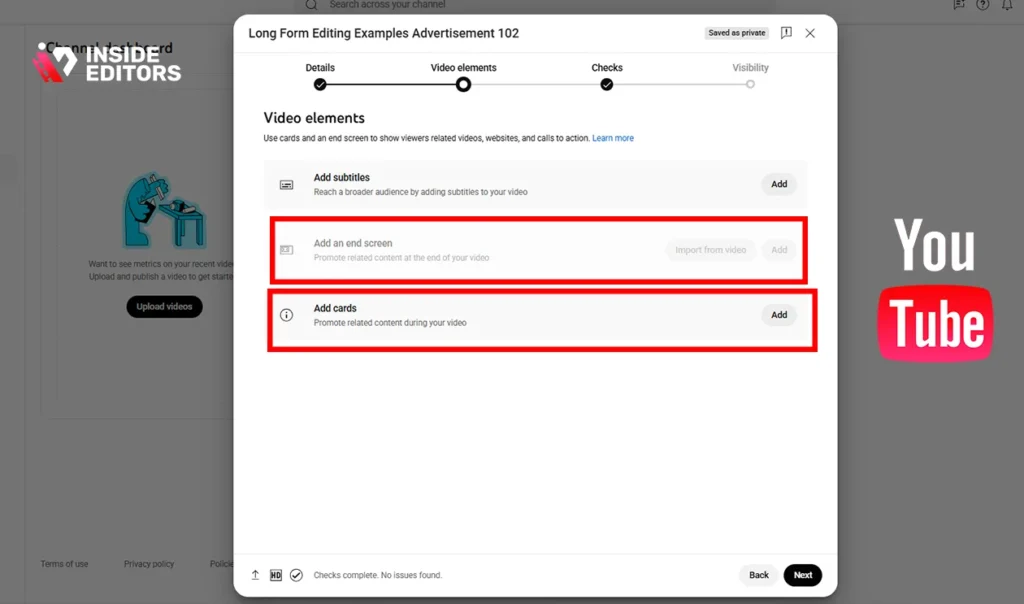 Adding cards, end screens, and chapter markers while learning how to upload a video to YouTube.