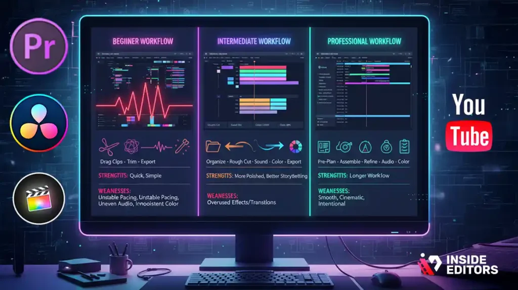 Three-tier workflow graphic comparing beginner, intermediate, and pro approaches to video editing tips.