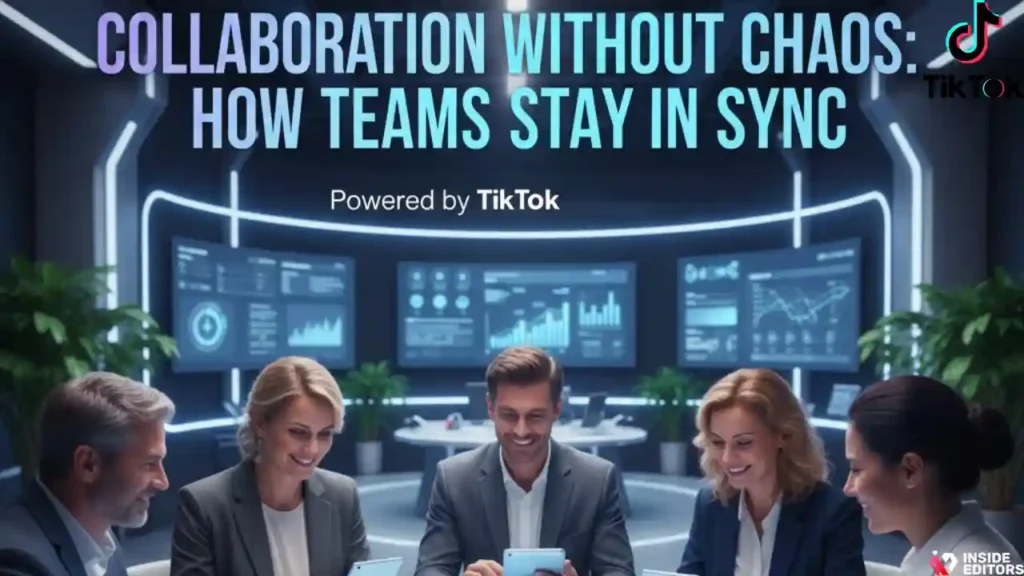 Remote team coordinating edits through a shared TikTok video editor workspace on multiple screens.