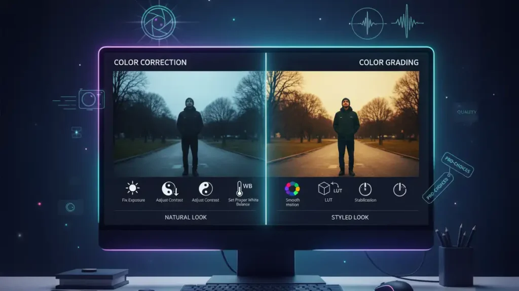 Side-by-side visuals showing how color correction and grading enhance video editing tips.