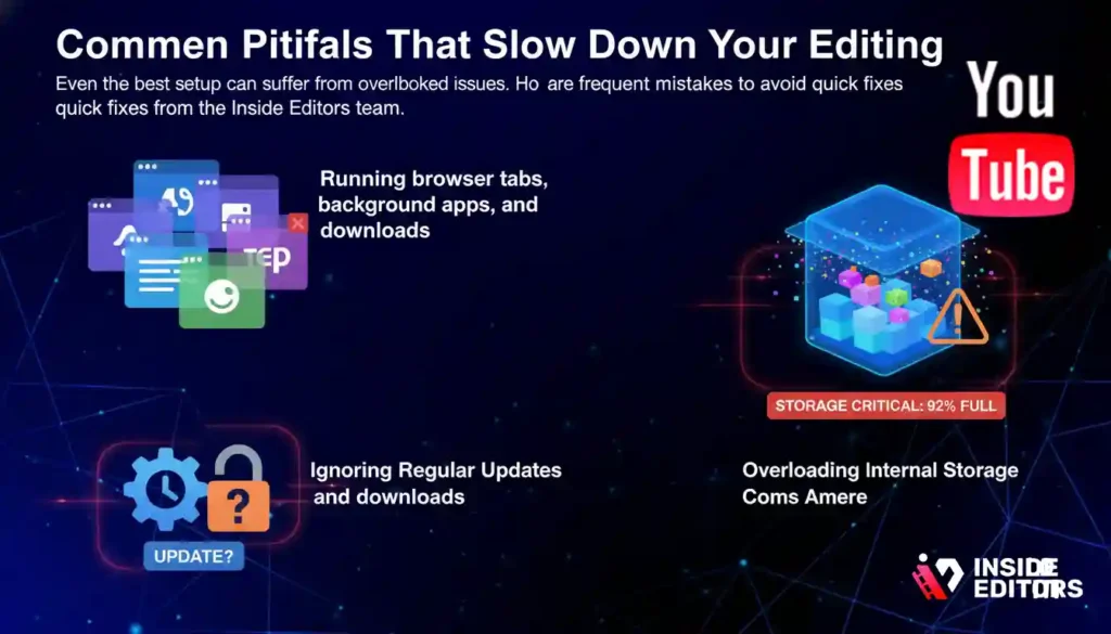 A frustrated YouTube creator facing common pitfalls that slow down video editing.