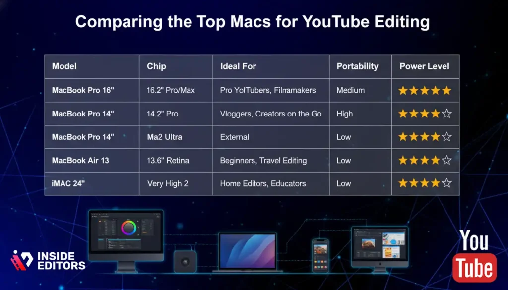 A visual comparison of the top Macs for YouTube video editing, showing performance and workflow differences.