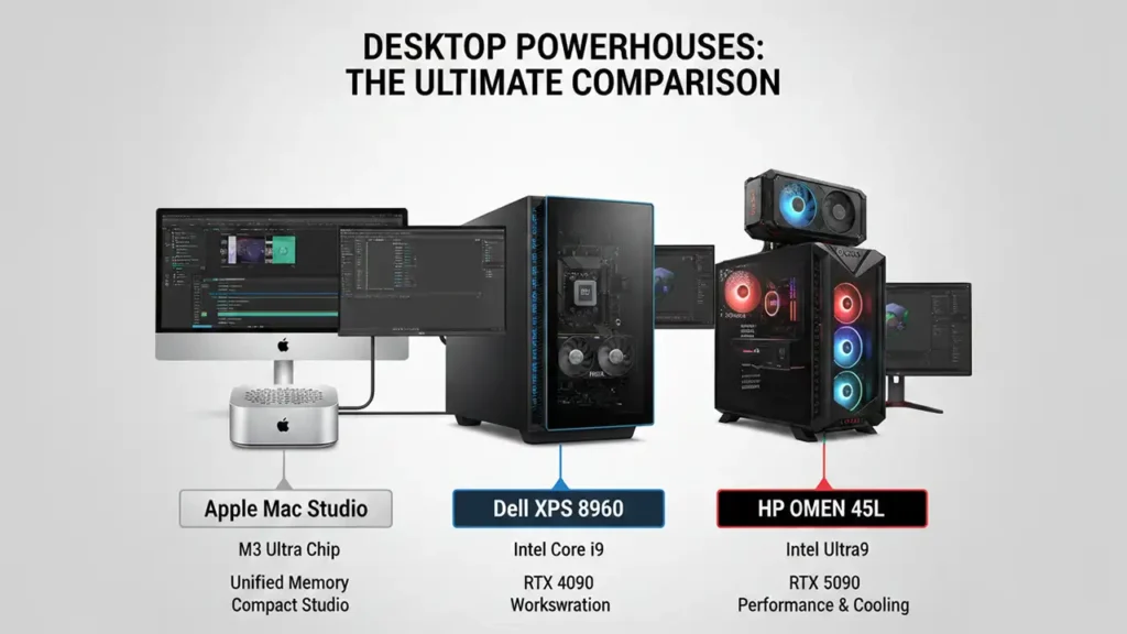 Comparison Table - Mac Studio vs Dell XPS 8960 vs HP OMEN 45L