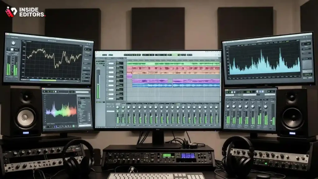 A professional audio mixer panel or an editing screen showing detailed waveforms and volume meters, emphasizing the importance of fine-tuning audio.