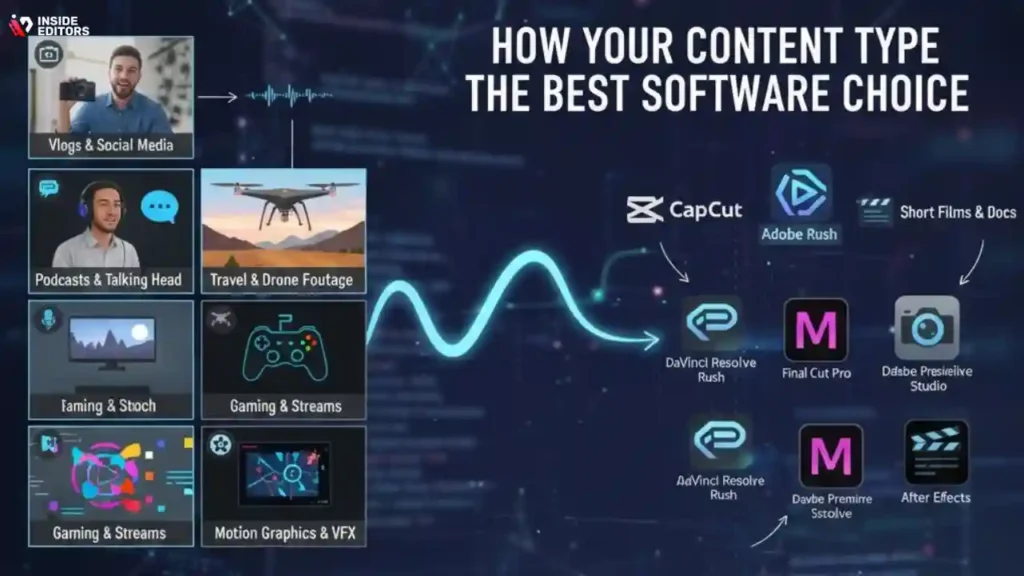 A creator selecting cheap video editing software based on content style.