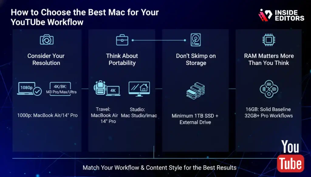 A YouTube creator comparing Mac models to choose the best Mac for YouTube video editing workflow.