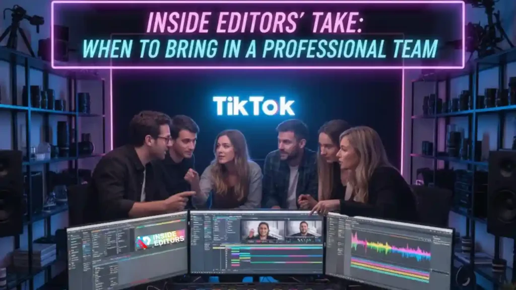 Professional team collaborating around a monitor running a TikTok video editor during a review session.