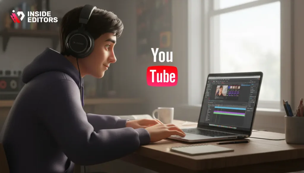 Creator editing a YouTube video on an affordable laptop while following a YouTube Video Editing Course.