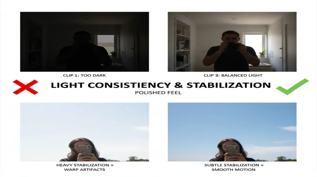 Consistent lighting examples demonstrating how even illumination supports video editing tips.