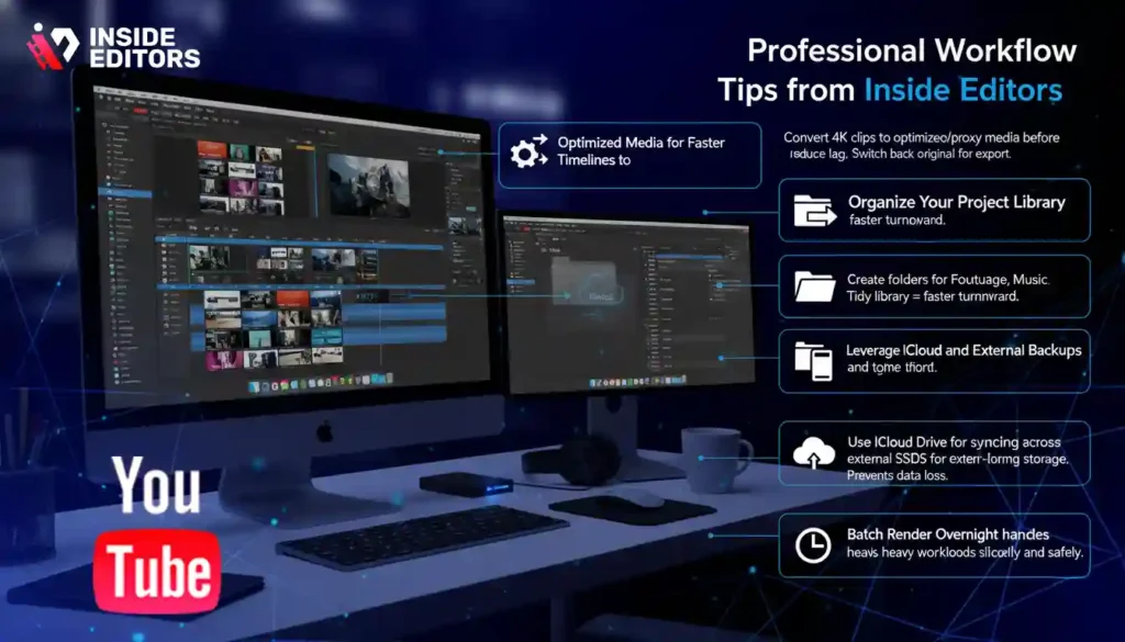 A professional video editor applying workflow tips from Inside Editors on an iMac.