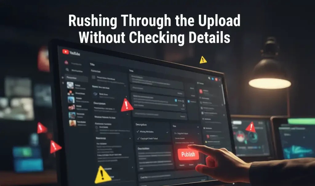 Rushing through the upload without checking details while learning how to upload a video to YouTube.