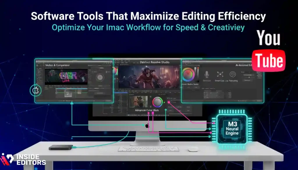 A creator using advanced software tools on an iMac to maximize video editing efficiency.