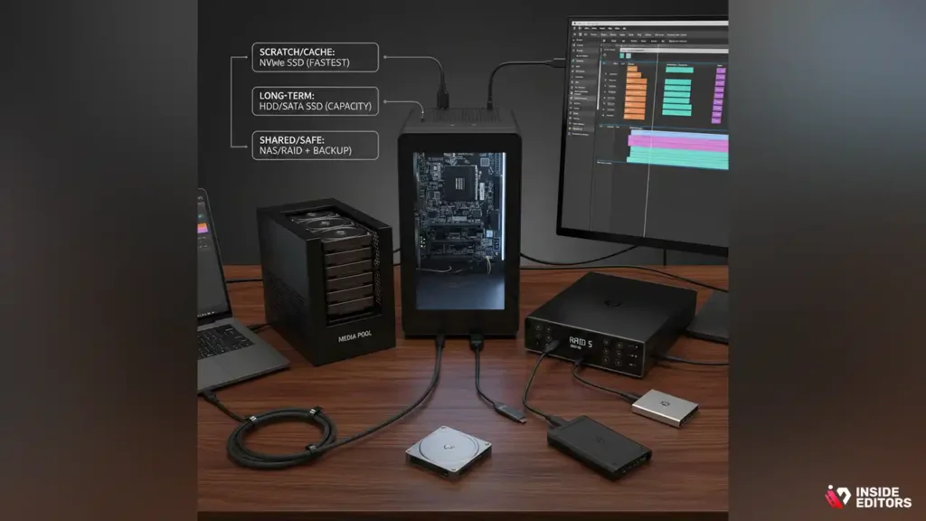 Storage: fast scratch drives, roomy media pools, and safe backups