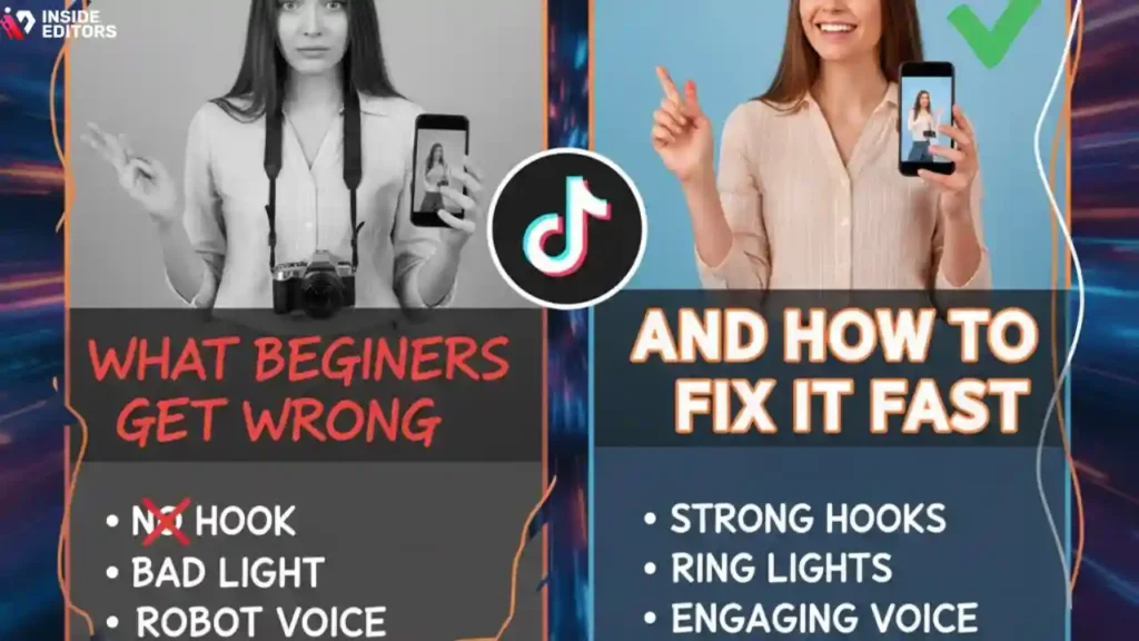 New creator reviewing common mistakes inside a TikTok video editor while improving their first clips.