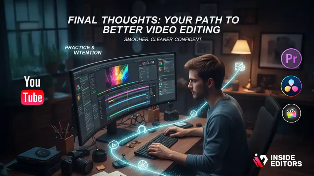 A guided workflow layout showing how creators improve through progressive video editing tips.