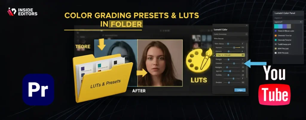 A creator applying color grading presets and LUTs during adobe premiere pro youtube video editing.
