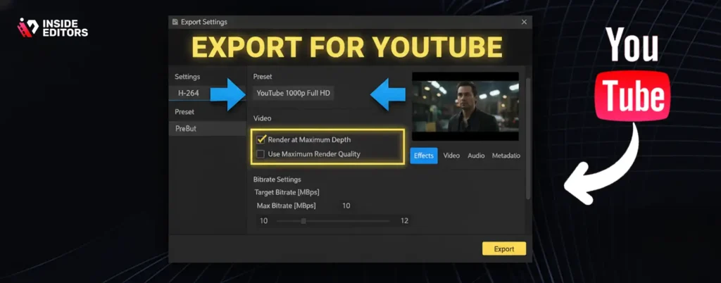 A creator exporting a project for YouTube using adobe premiere pro youtube video editing settings.