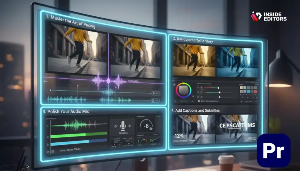 A creator enhancing a project to achieve a more professional look during adobe premiere pro youtube video editing.