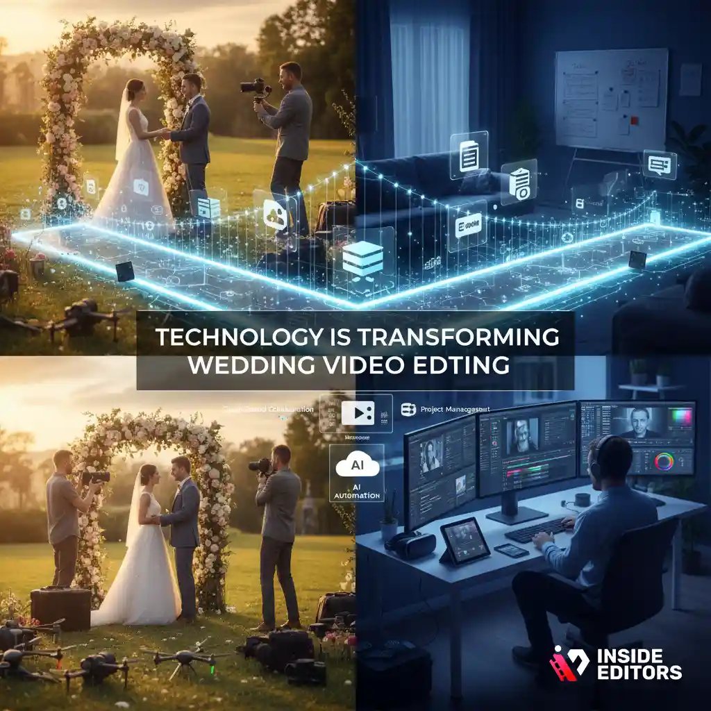 Editor using AI-assisted tools to streamline outsourced wedding video editing.