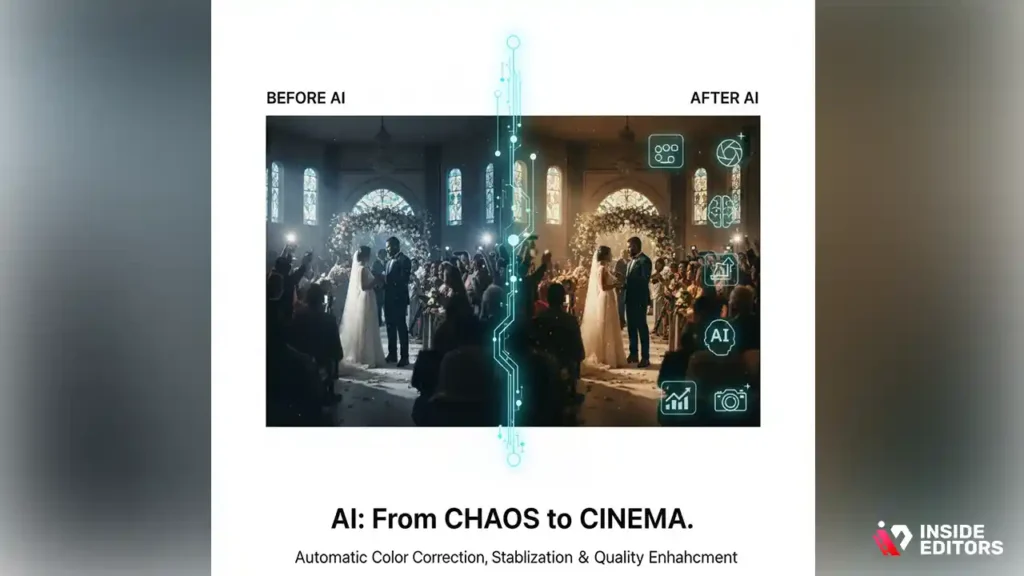 AI wedding video editing tool enhancing cinematic color and emotion.