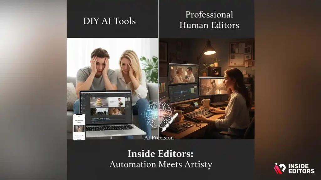 Side-by-side comparison of DIY results versus AI wedding video editing by professionals.