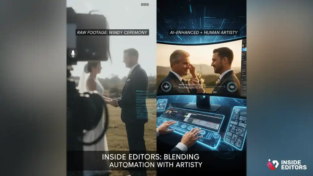 Inside Editors team using AI wedding video editing tools during the production workflow.