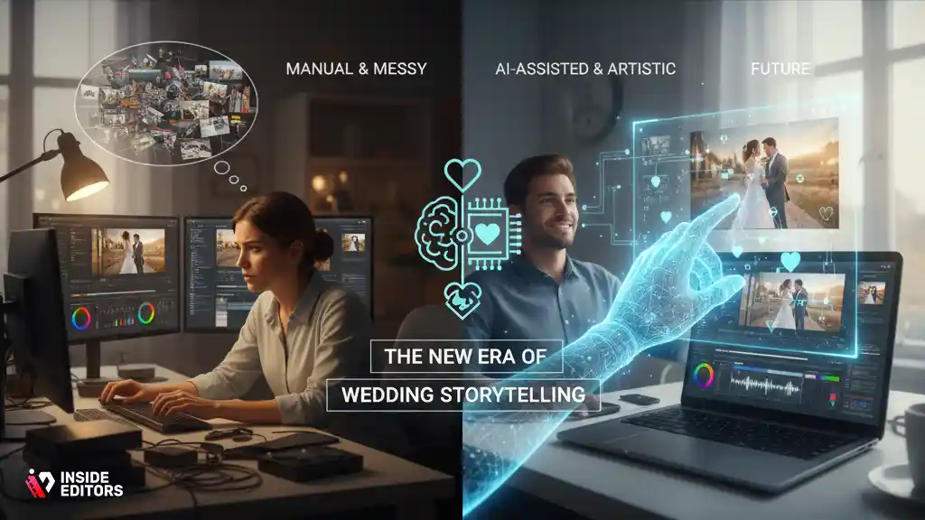 Editor reviewing footage improved by AI wedding video editing software.