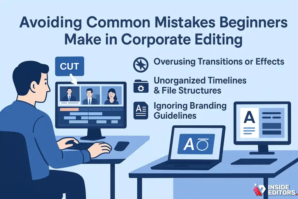 A digital editing timeline showing visual markers (like "X" or "Error") over obvious flaws such as jump cuts or poor color, highlighting common mistakes beginners make.