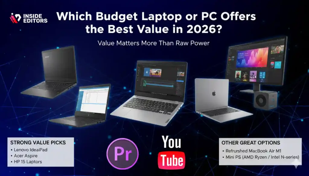 A creator comparing budget laptops and PCs to find the best budget laptop for YouTube video editing in 2026.