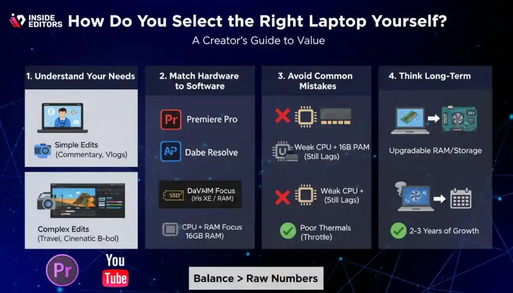 A creator evaluating specs to choose the best budget laptop for YouTube video editing.