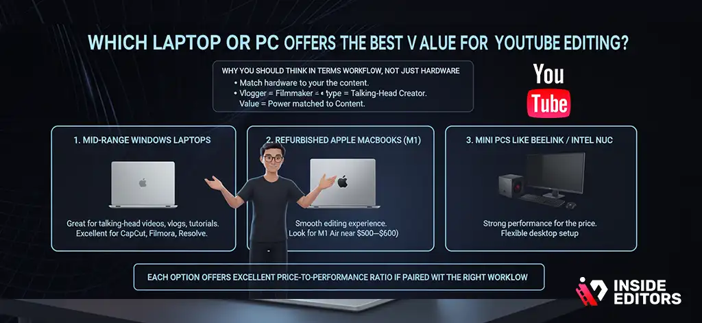 Budget-friendly laptop and PC workstation side by side running editing software for a YouTube Video Editing Course.