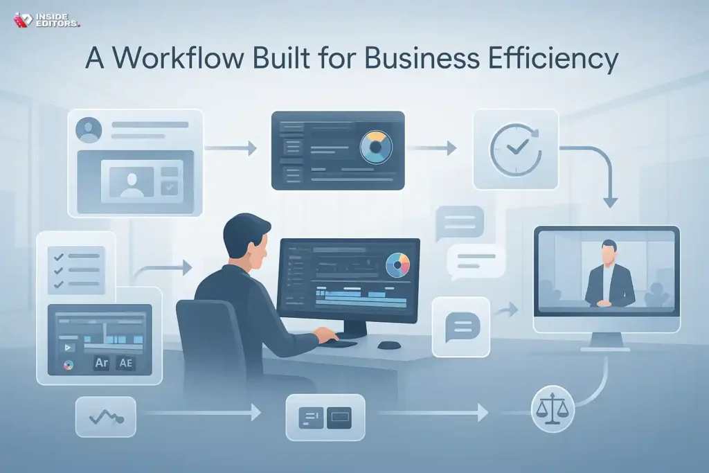 A streamlined corporate video editing workflow designed to improve business efficiency.