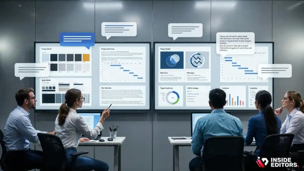 A client and editor discussing project goals while evaluating corporate video editing companies.