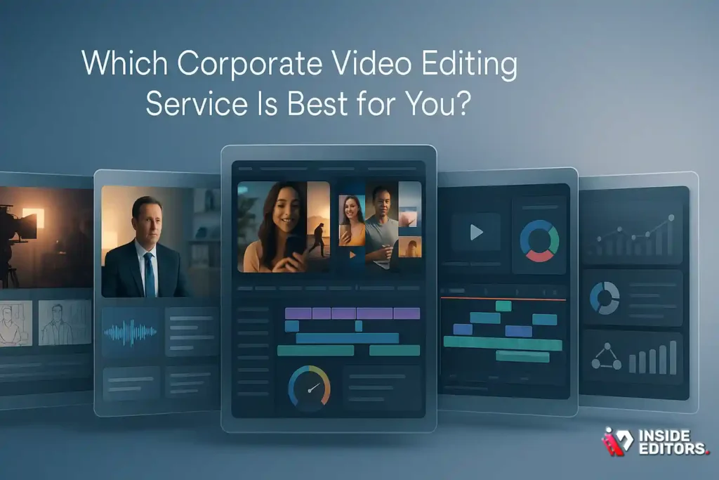 A business team comparing different corporate video editing services to choose the best fit.