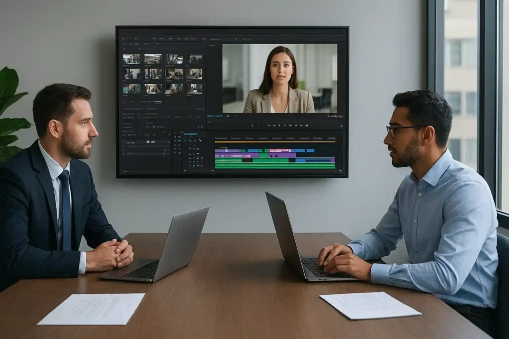 Business team in Hamilton reviewing options to choose the right corporate video editing service.