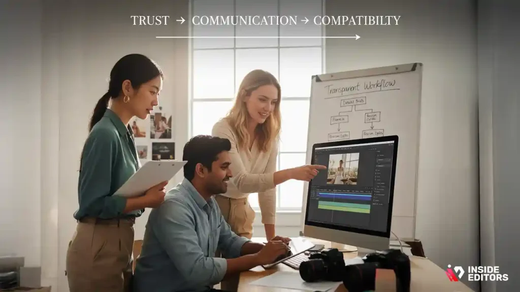 Videographer comparing professional video editing services online.