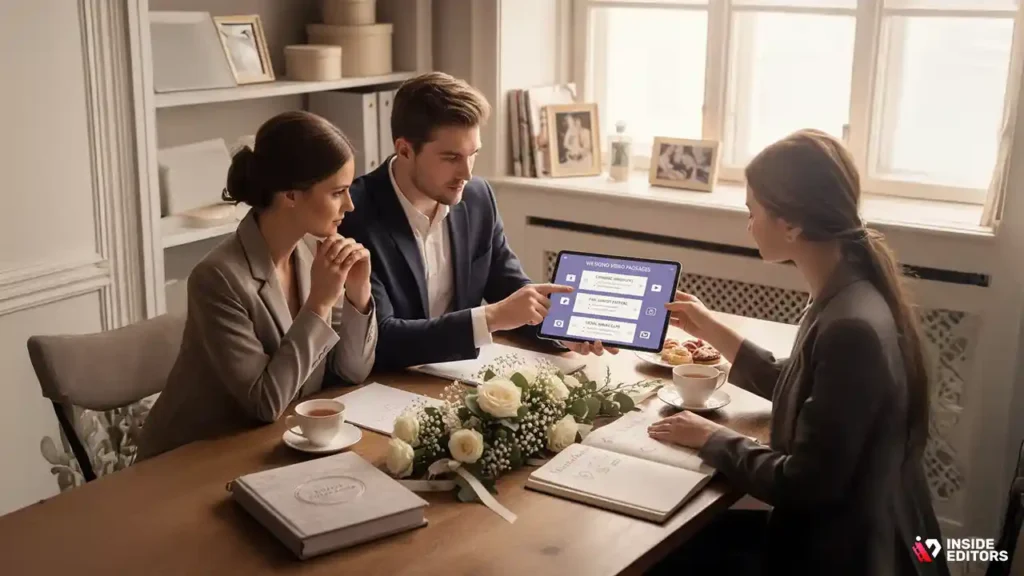 Couple reviewing package options provided by a custom wedding video editing service.