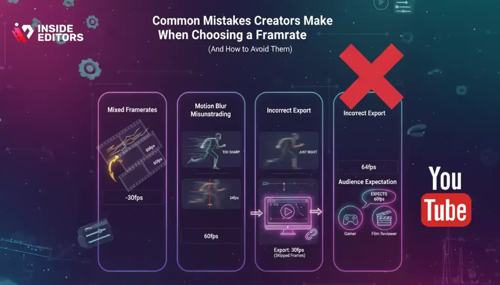 Illustration showing common mistakes creators make when choosing the best framerate for YouTube video editing.