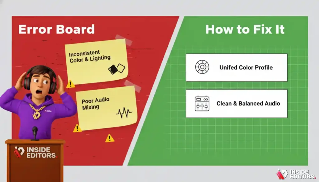 An editor reviewing timelines to identify common issues in corporate video editing.